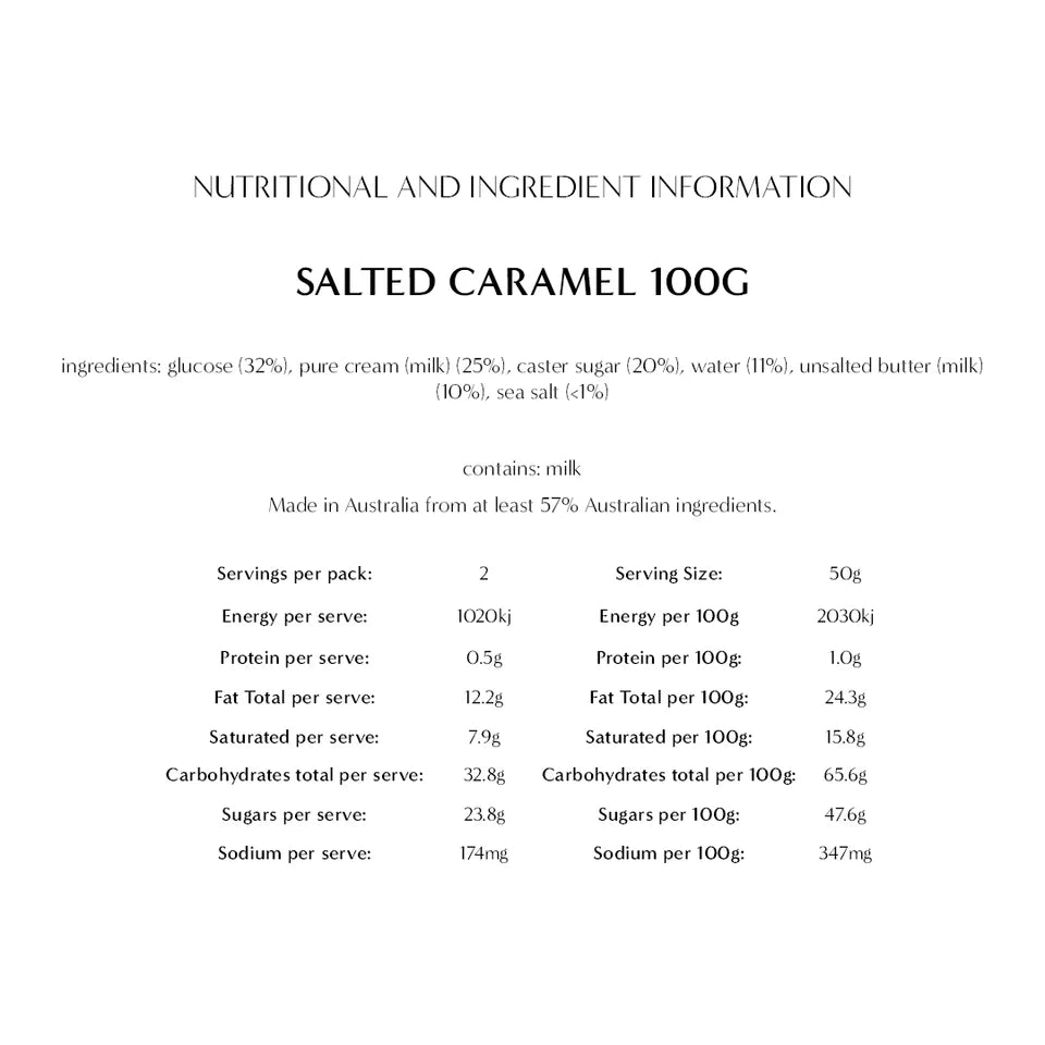Salted caramel in a 100g New Farm package, showcasing smooth caramel with a salted topping on a white surface.