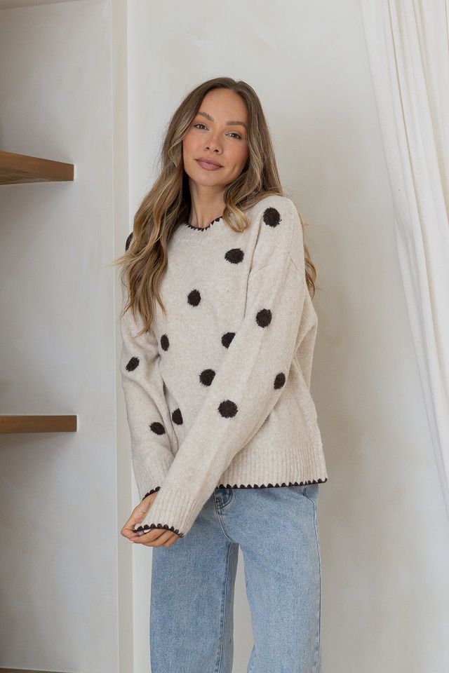 Polka Dot Blanket stitch knit - Chocolate/Oatmeal Cream