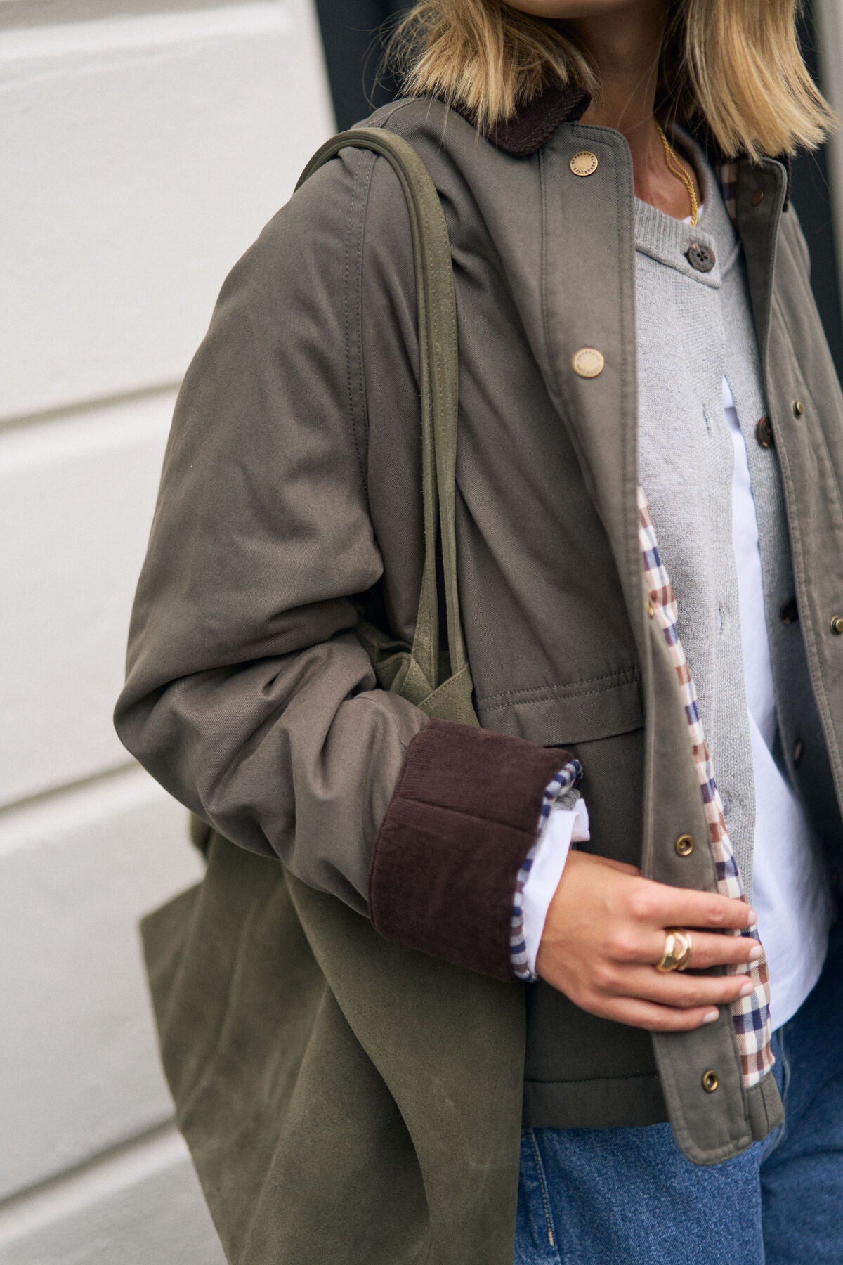Miss Marlow Blair Barn Jacket in MOSS, featuring a stylish outdoor-inspired design with rugged fabric and classic barn jacket details.