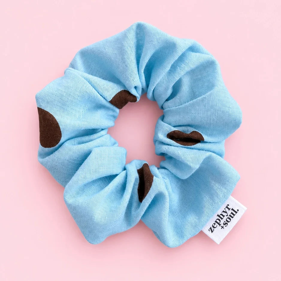 Blue + Chocolate Spots - Scrunchie