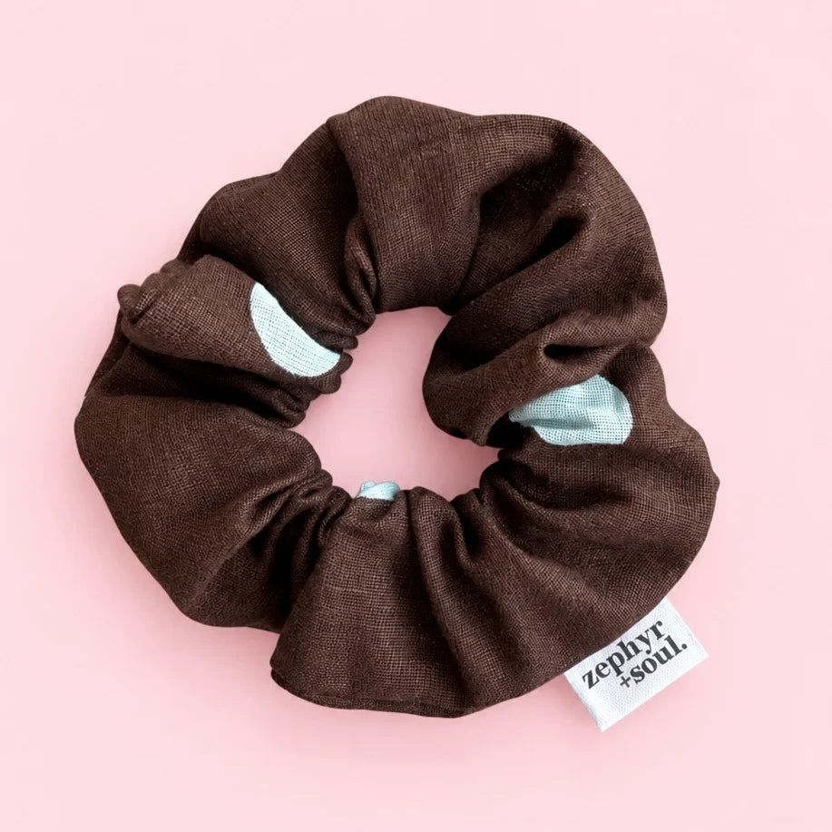 Chocolate + Blue Spots - Scrunchie