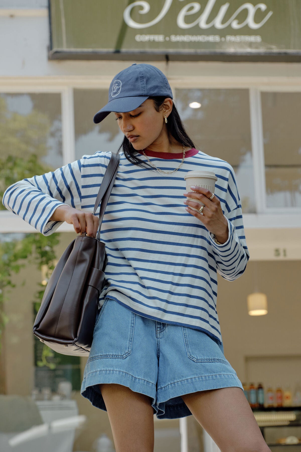 Ceres Life Scout Slouchy Long Sleeve Tee - Milk Prussian Blue Stripe