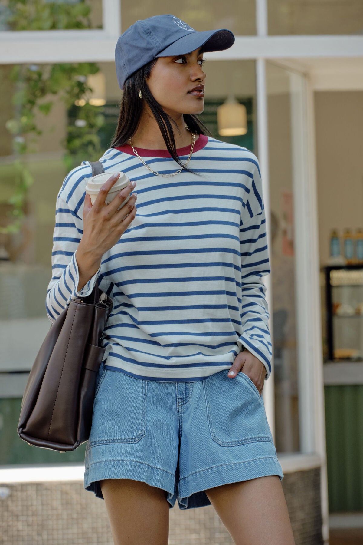 Ceres Life Scout Slouchy Long Sleeve Tee - Milk Prussian Blue Stripe