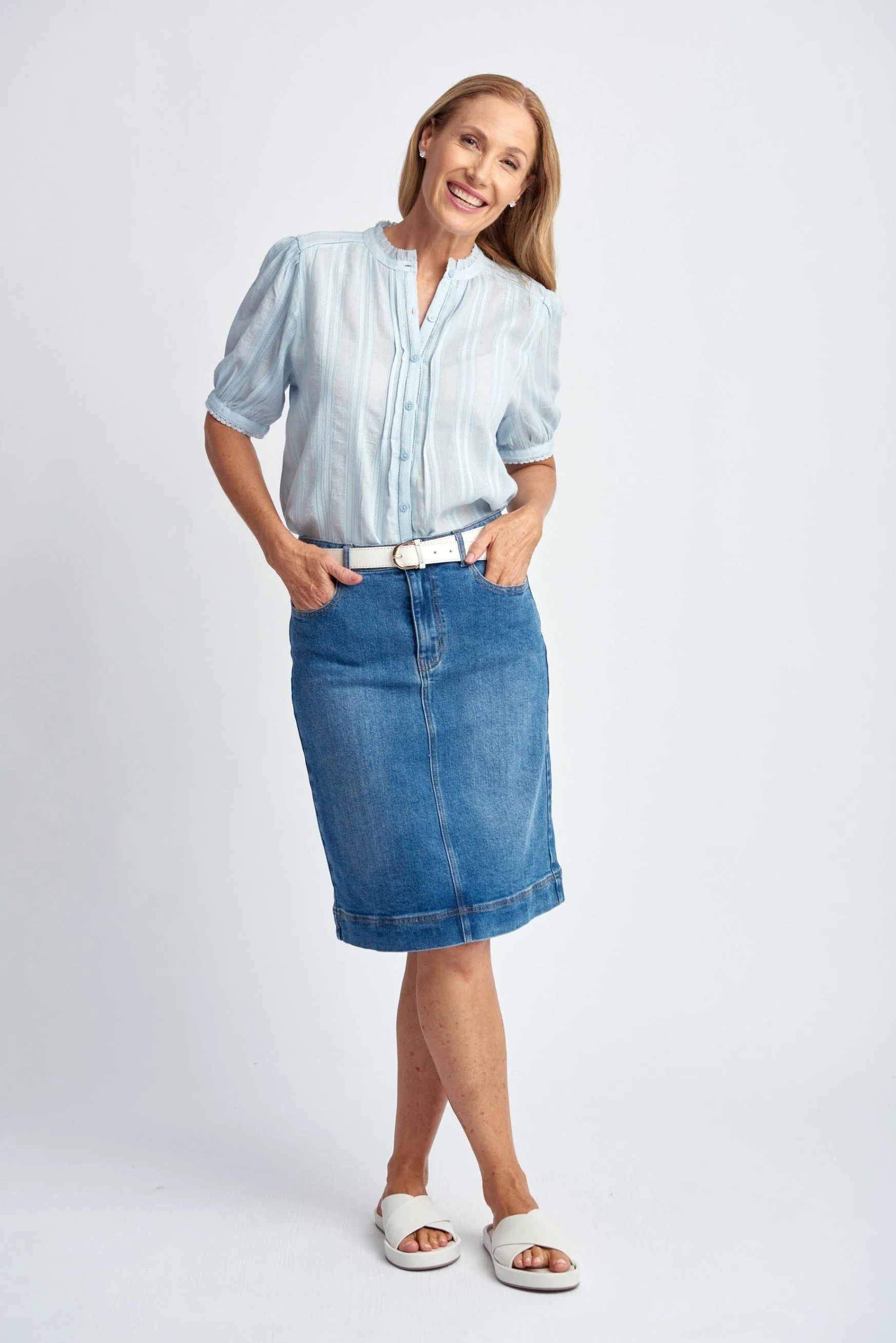 Denim Knee Length Skirt - Light blue