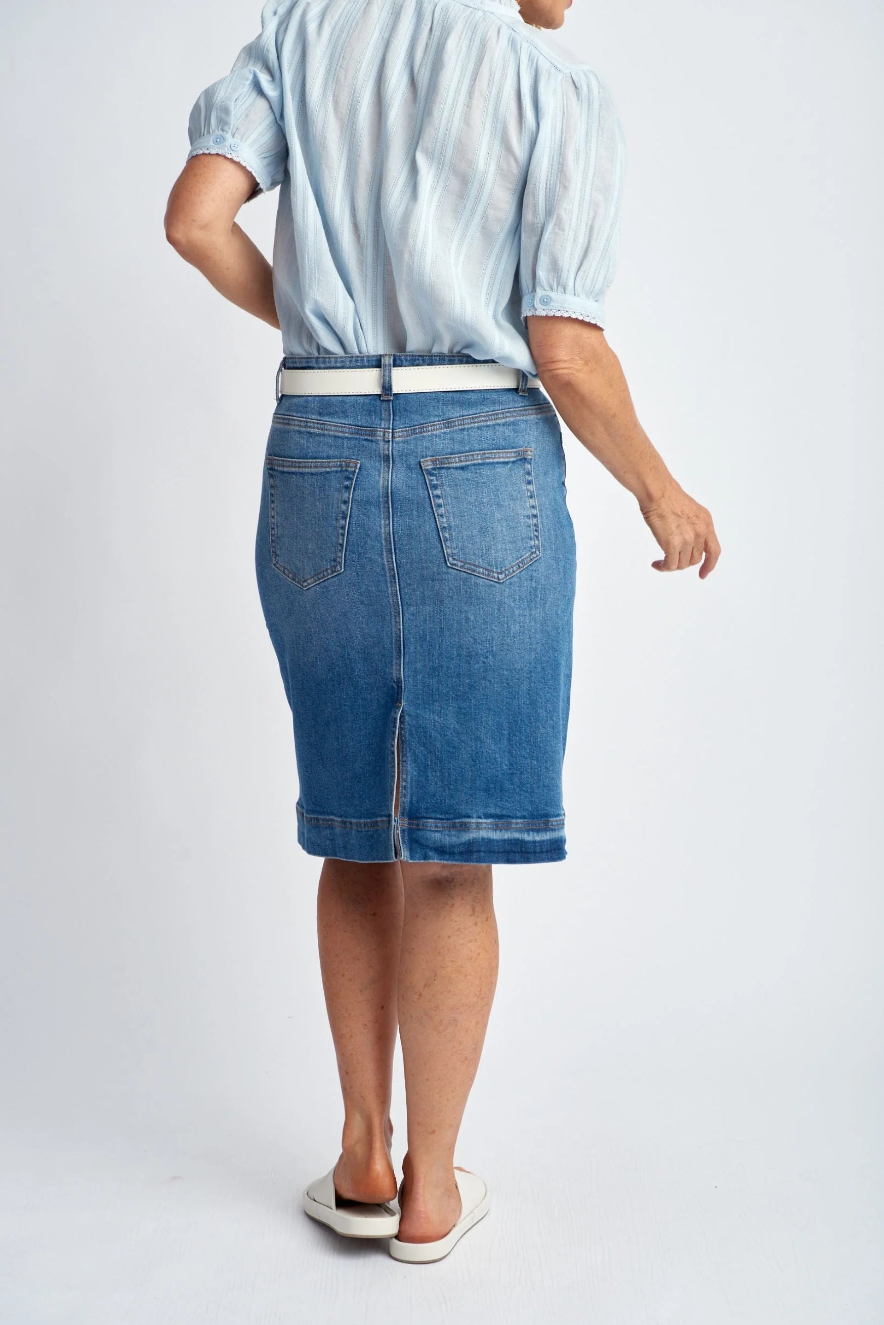 Denim Knee Length Skirt - Light blue