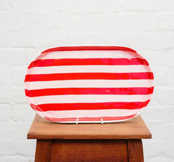 Oval Platter - Pink & Red Stripes