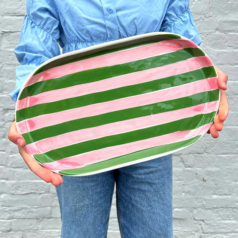 Oval Platter - Pink & Dark Green Stripes