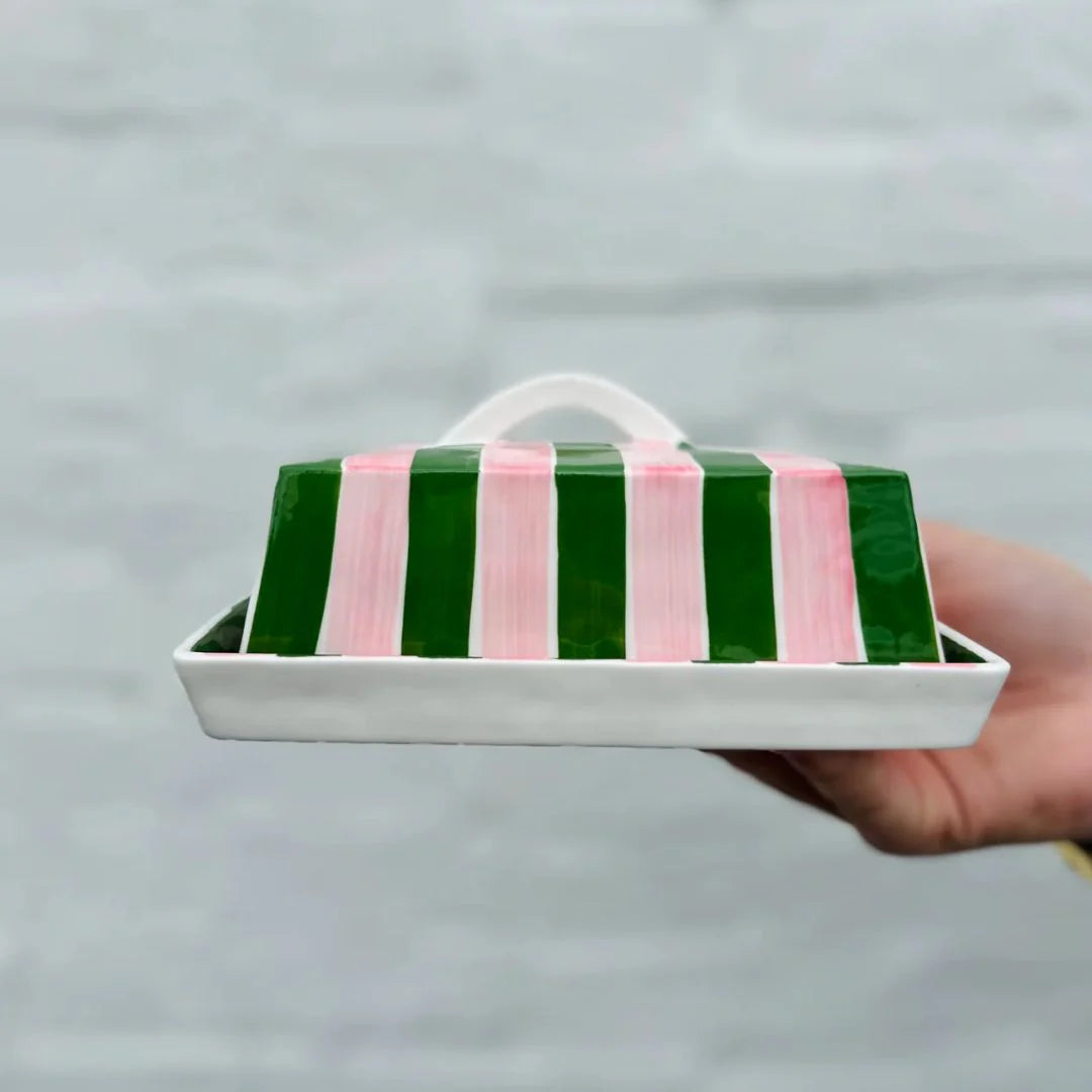 Butter Dish - Dark Green + Pink Stripe