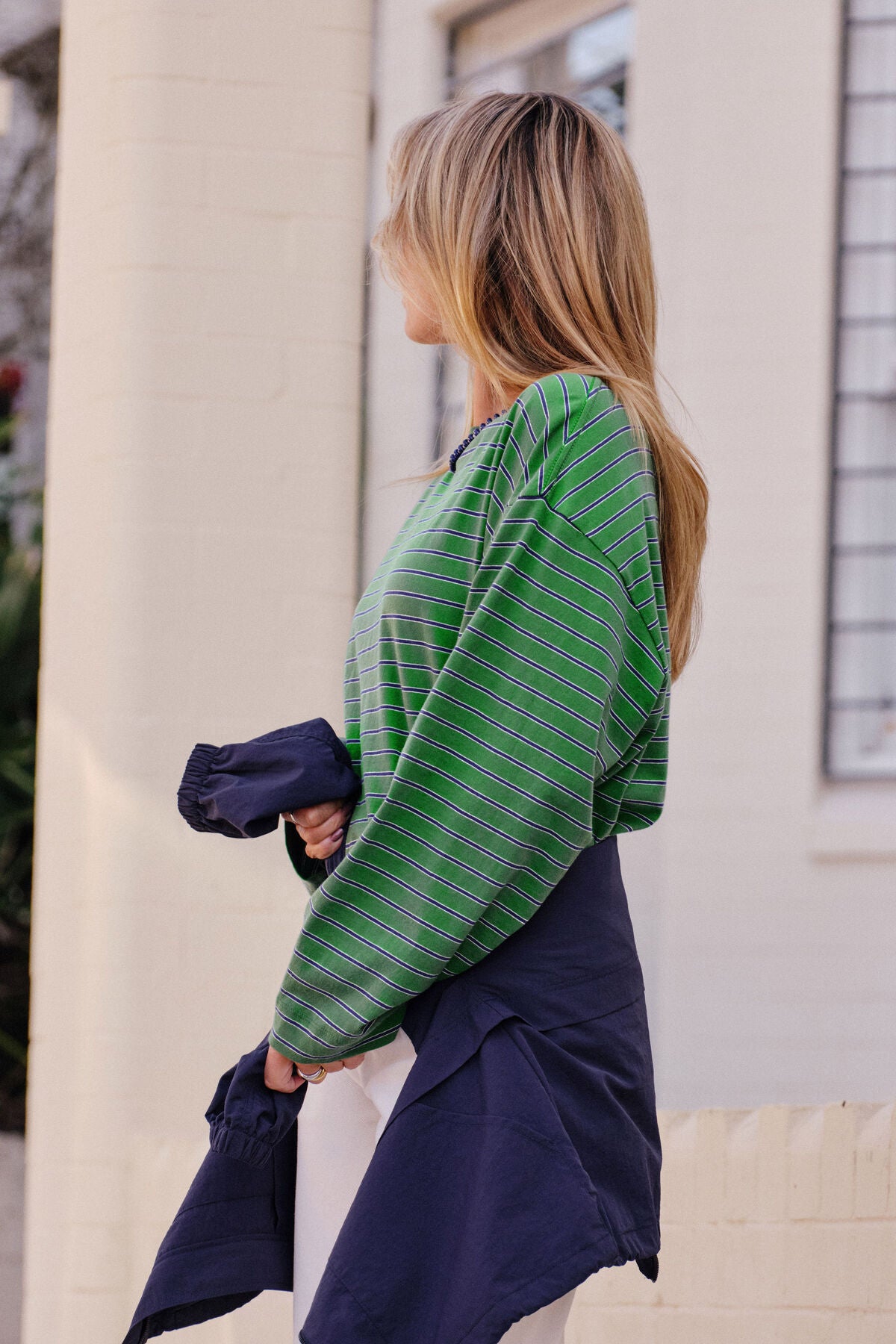 Beau Long Sleeve Slouchy Tee - Basil/Prussian Stripe