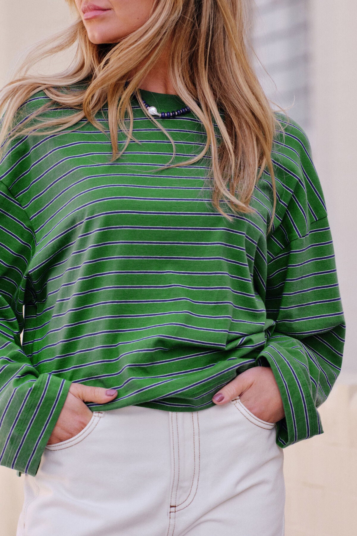 Beau Long Sleeve Slouchy Tee - Basil/Prussian Stripe
