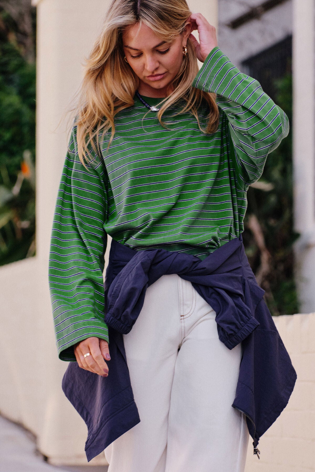 Beau Long Sleeve Slouchy Tee - Basil/Prussian Stripe