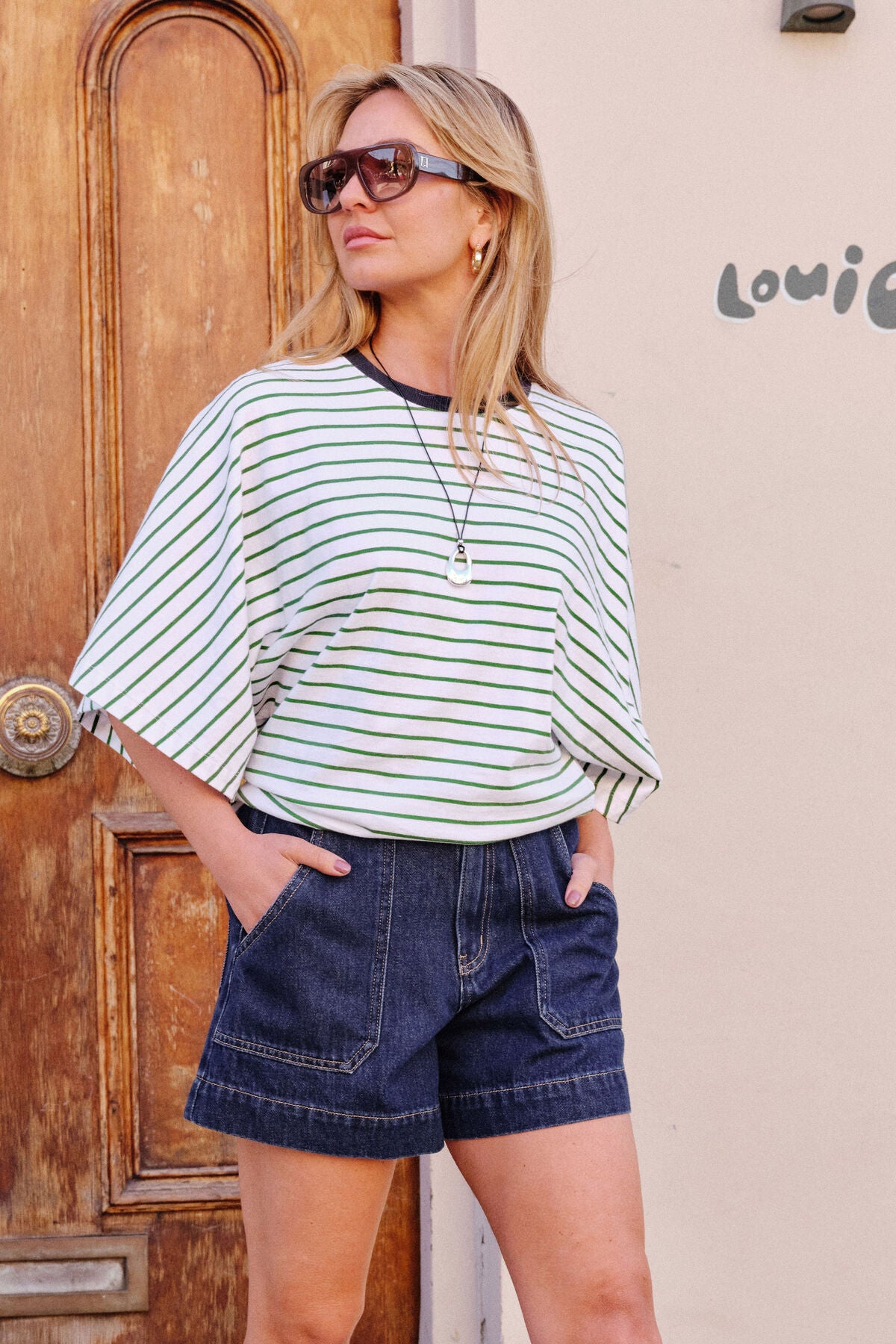 Lucy Relaxed Sleeve Tee - Basil/ White Stripe