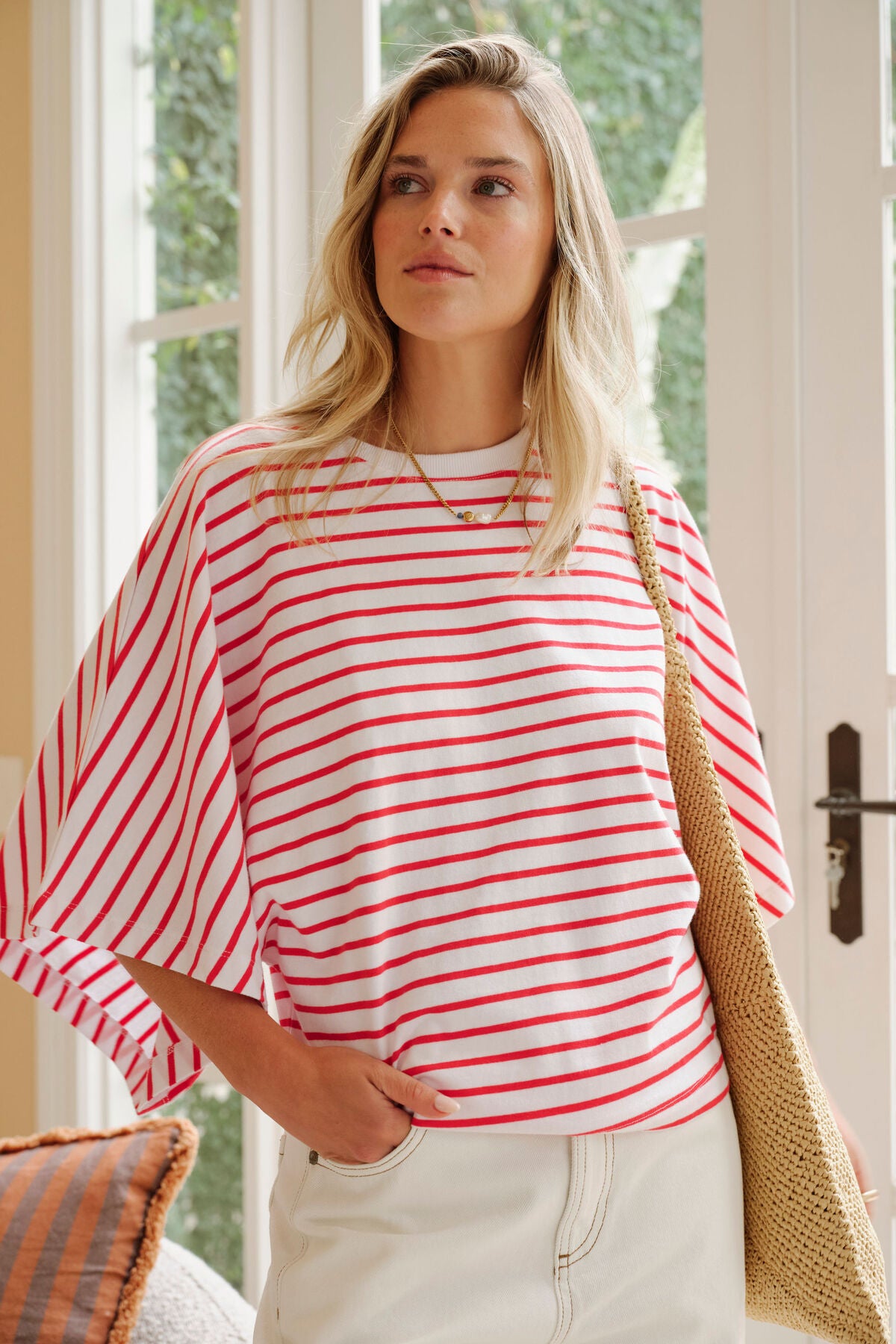 Lucy Relaxed Sleeve Tee - White/Heritage Red Stripe