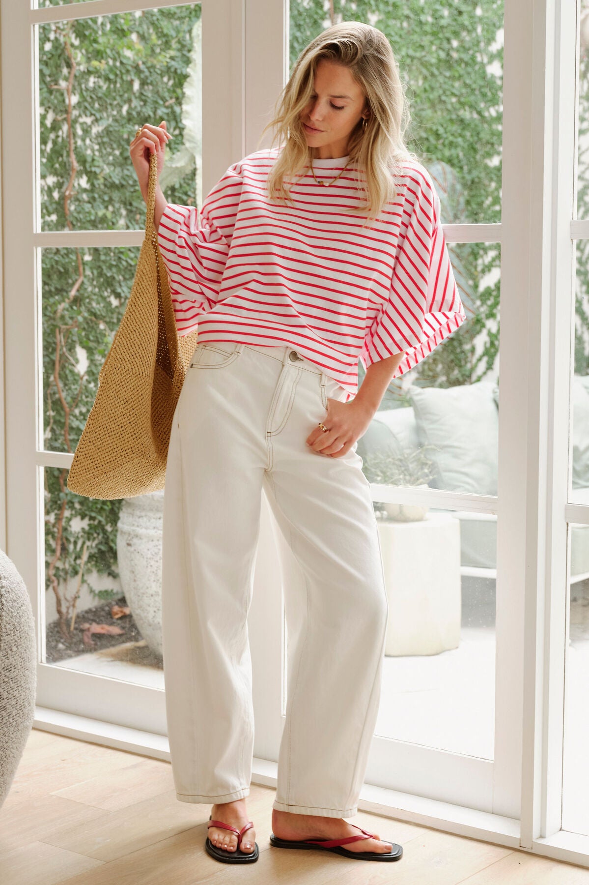 Lucy Relaxed Sleeve Tee - White/Heritage Red Stripe