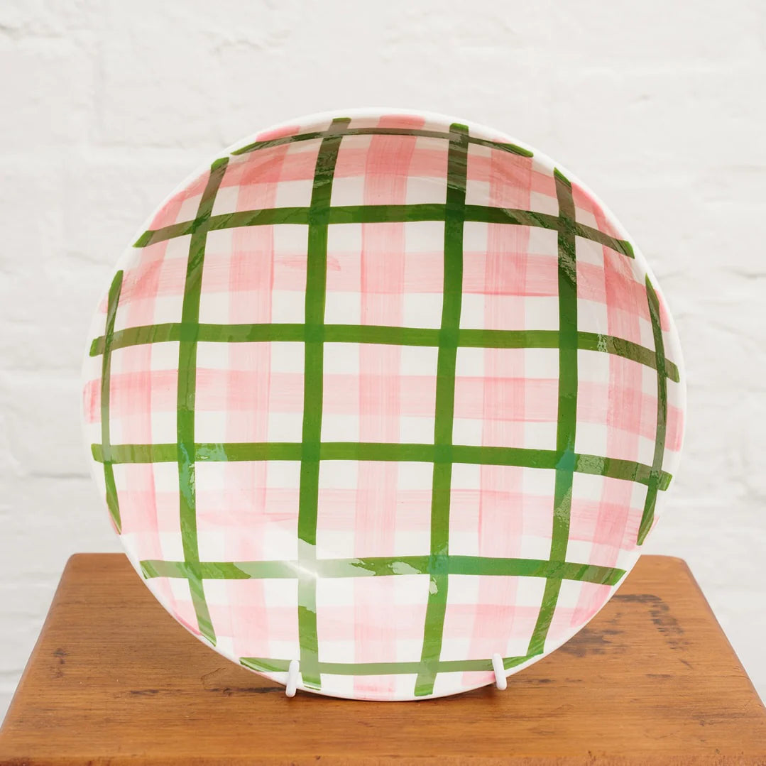 Large Salad Bowl - Pink & Dark Green Gingham