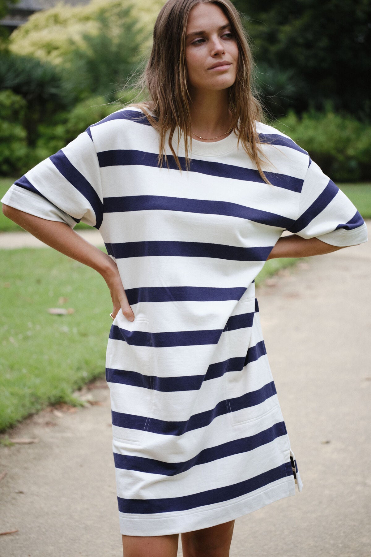 Mini Terry Dress - White Navy Bold Stripe