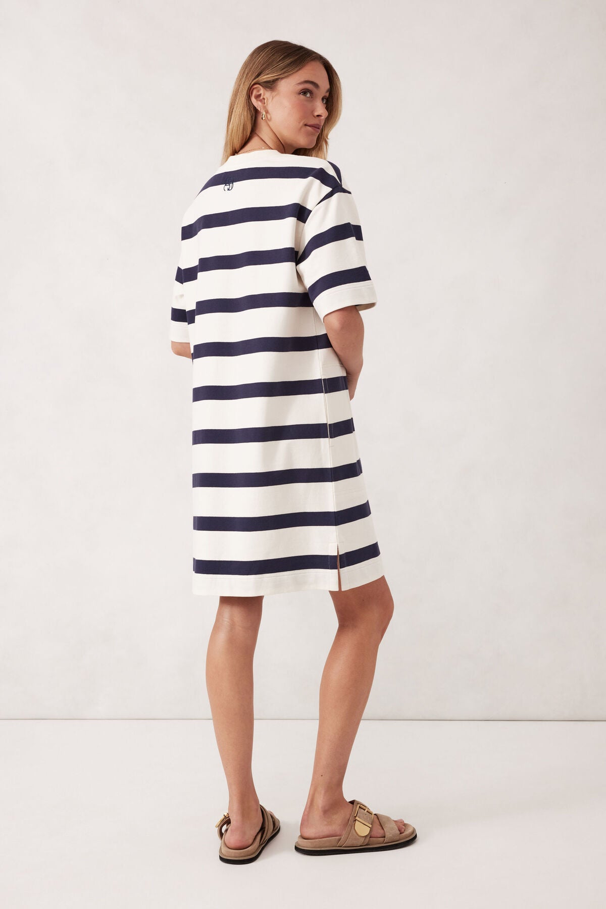 Mini Terry Dress - White Navy Bold Stripe