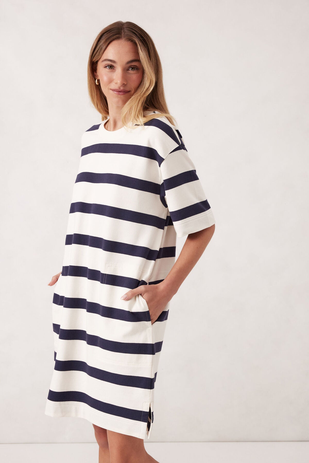 Mini Terry Dress - White Navy Bold Stripe