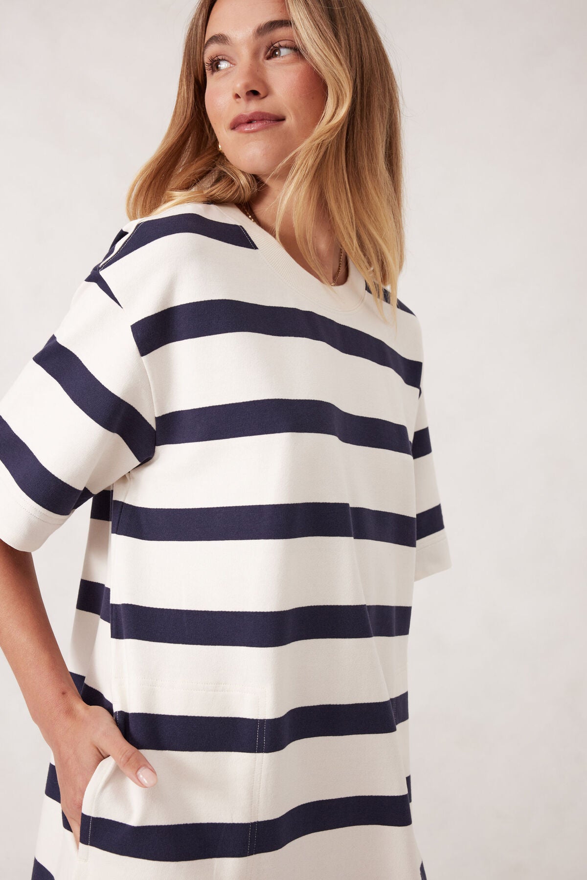 Mini Terry Dress - White Navy Bold Stripe