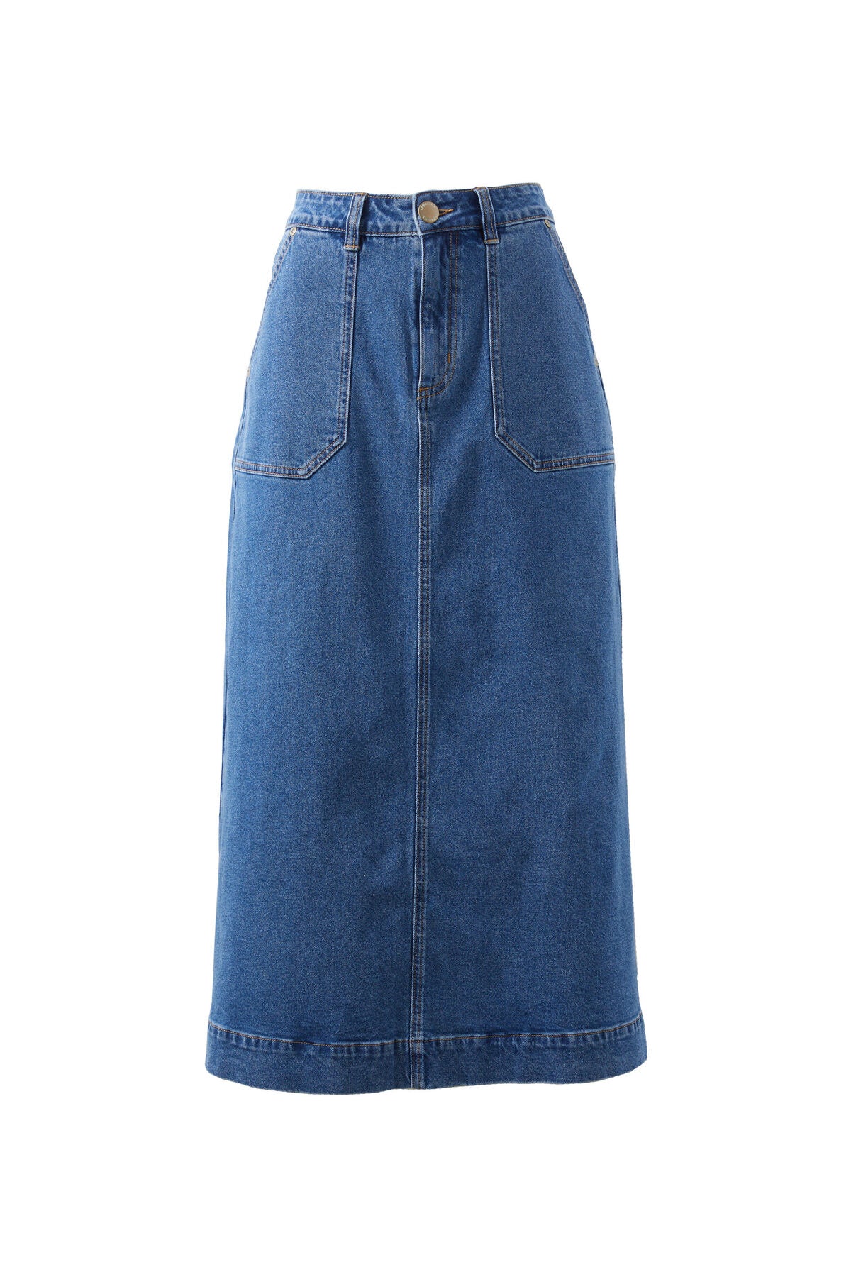 Patch Pocket Denim Midi Skirt - Mid Indigo