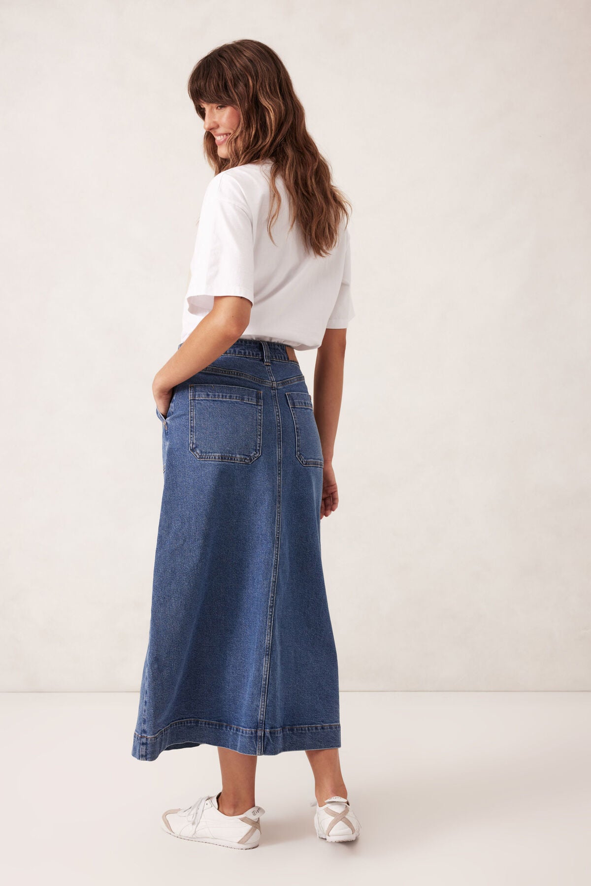 Patch Pocket Denim Midi Skirt - Mid Indigo