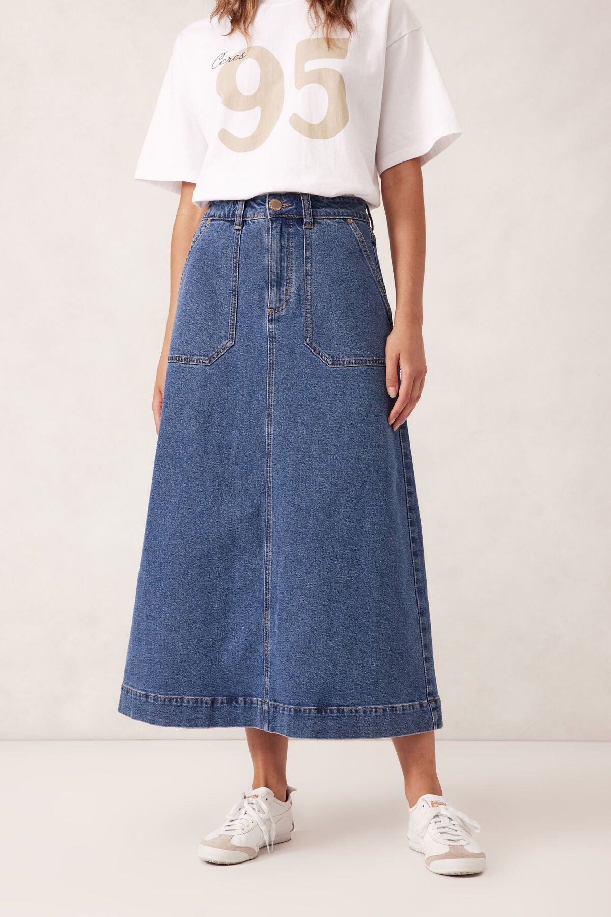 Patch Pocket Denim Midi Skirt - Mid Indigo