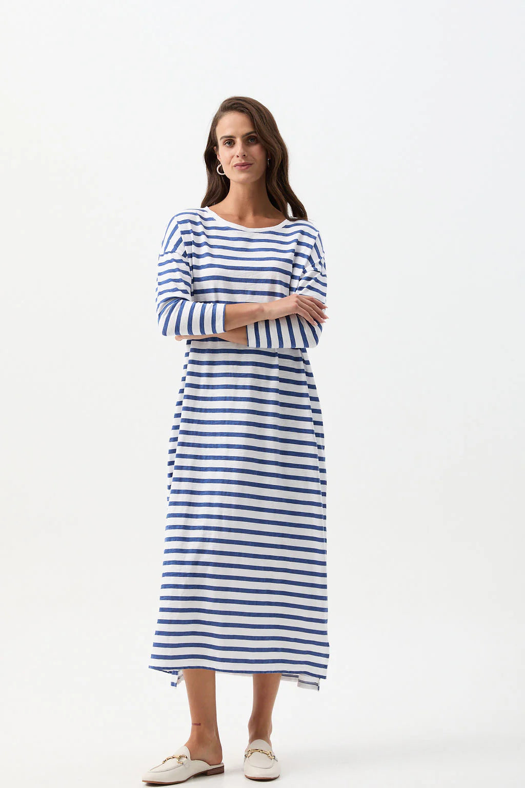 Stripe Slub Long Sleeve Dress White/Limoges Blue