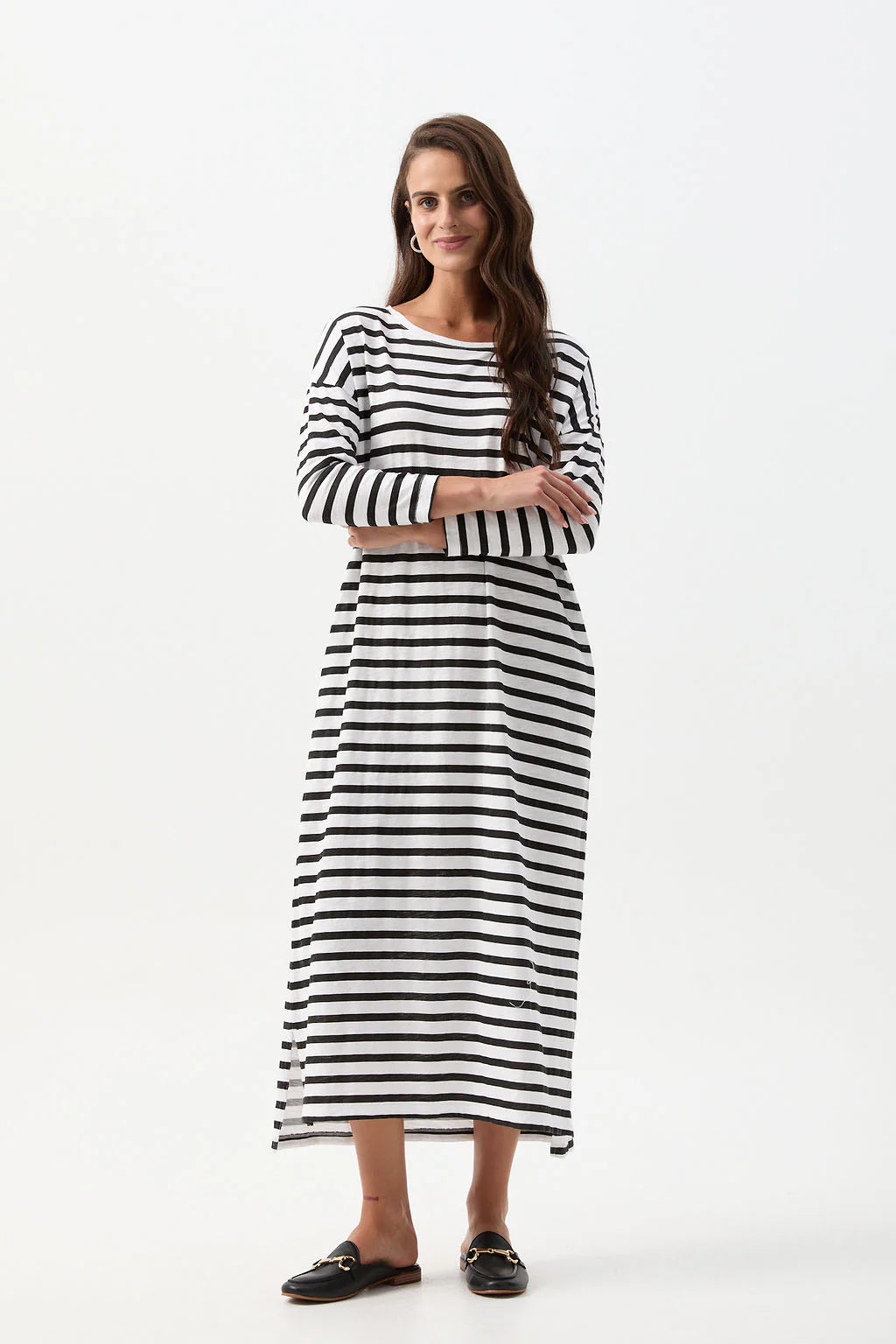 Stripe Slub Long Sleeve Dress White/Black