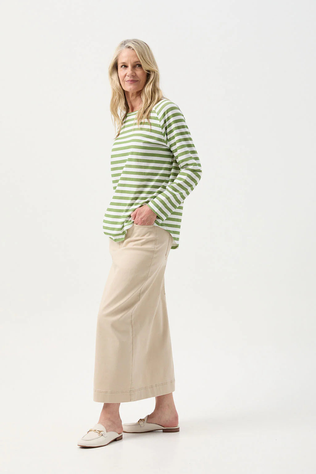 Stripe Long Sleeve Tee White/Leaf Green