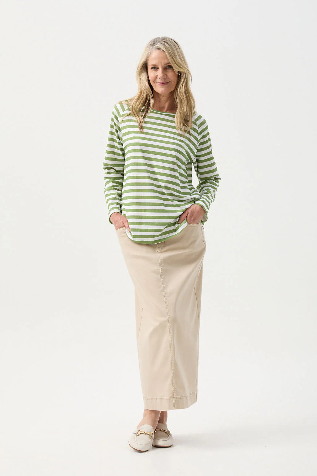 Stripe Long Sleeve Tee White/Leaf Green