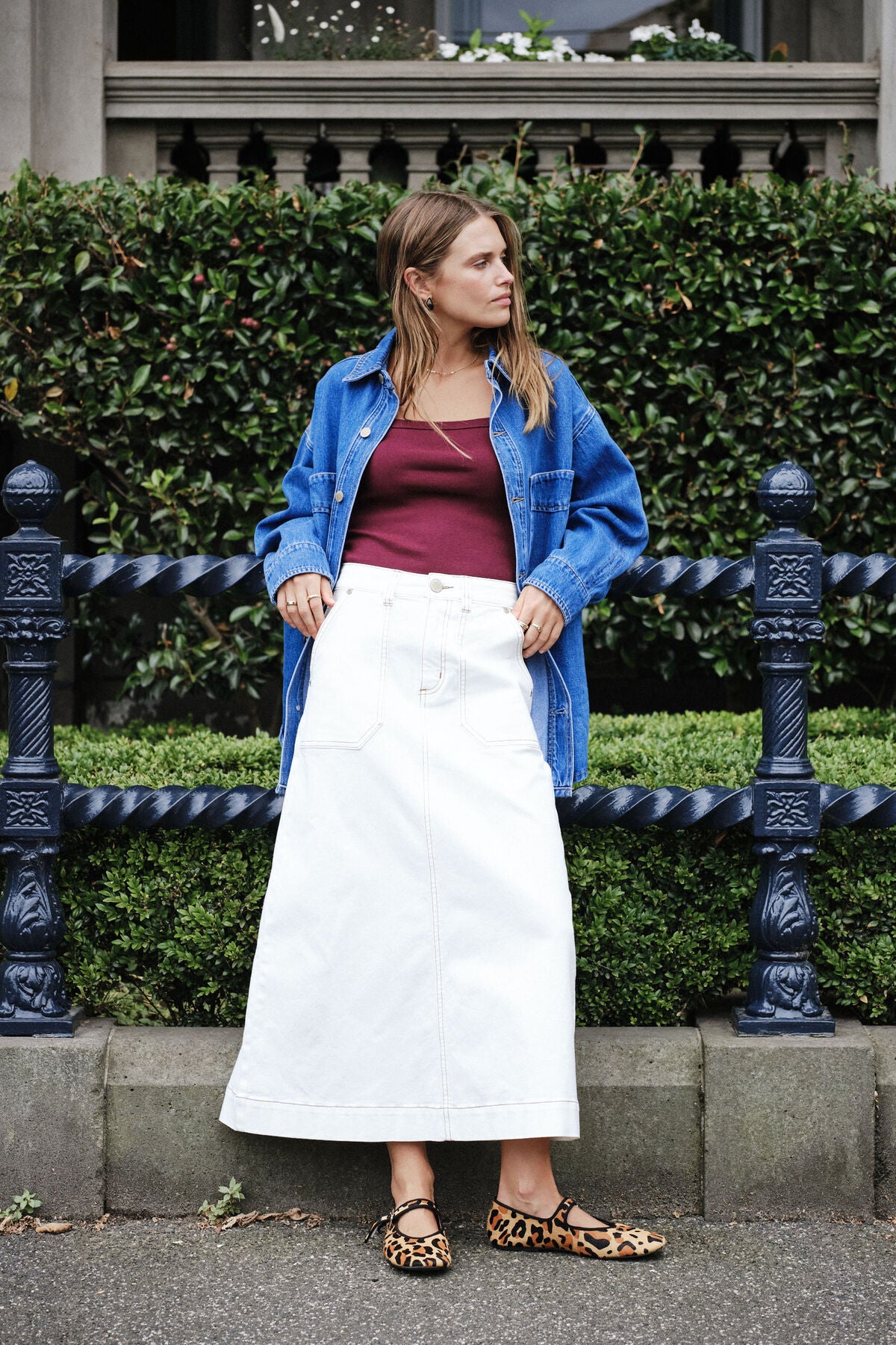 Patch Pocket Denim Midi Skirt - Fresh Ecru