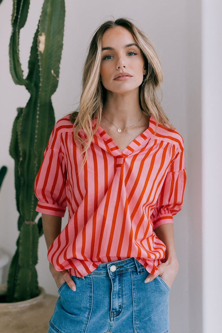 Racquet club stripe 3/4 sleeve top - pink/red