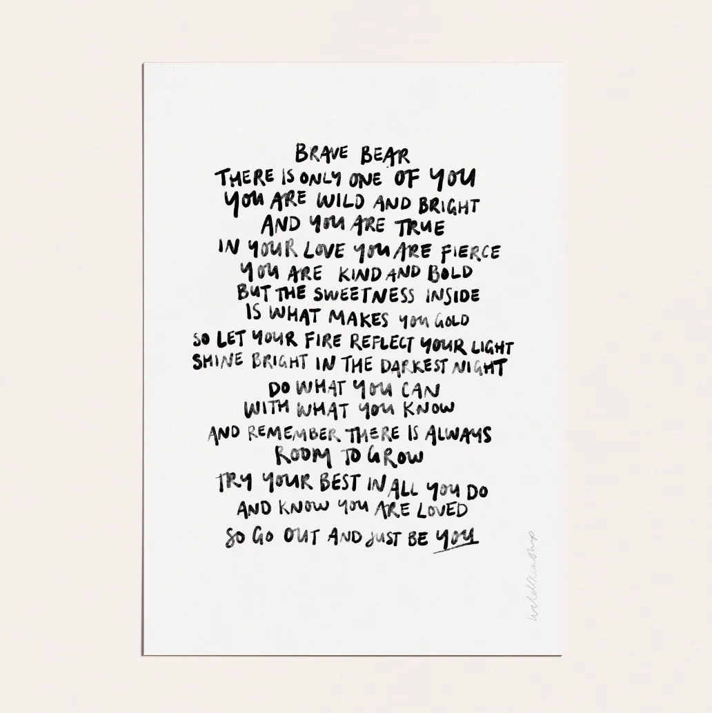 'Brave Bear' 3rd Edition Unframed Print in Black & White - Small