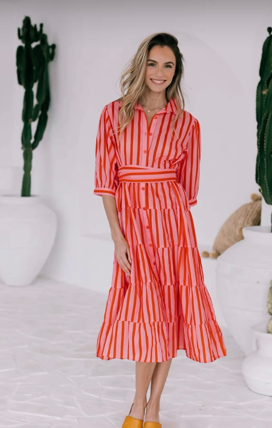 Racquet Club Shirt Tier Maxi Shirt Dress - Pink/red