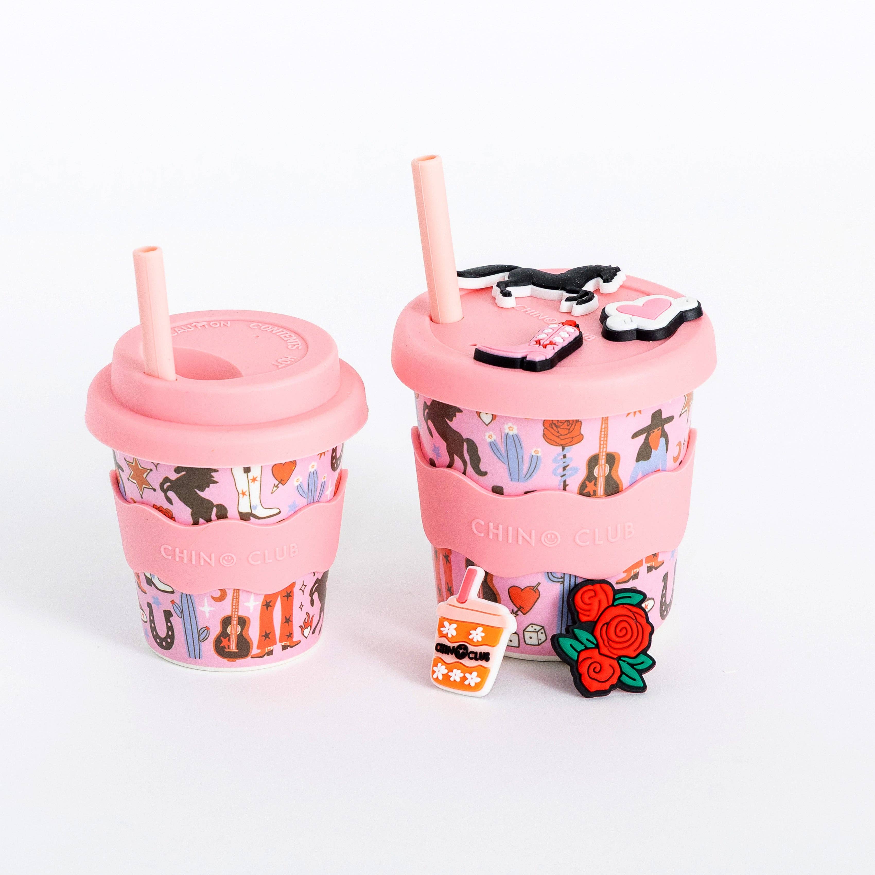 Chino Club Cowgirl Chino Charm Cup, 8oz, featuring a western cowgirl design with colorful charm accents in a clear cup.