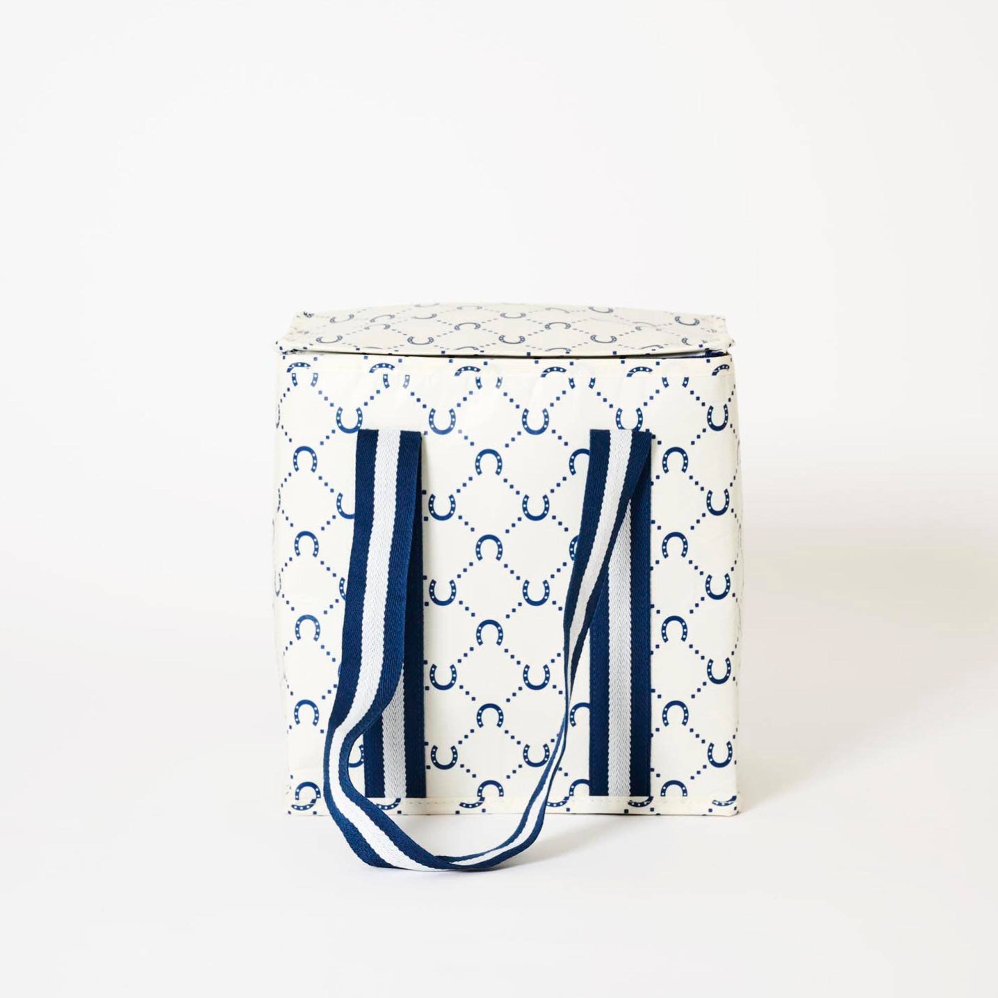 Medium navy insulated tote bag with horseshoe design by Project Ten Pty Ltd, showing the front view with handles and branding.