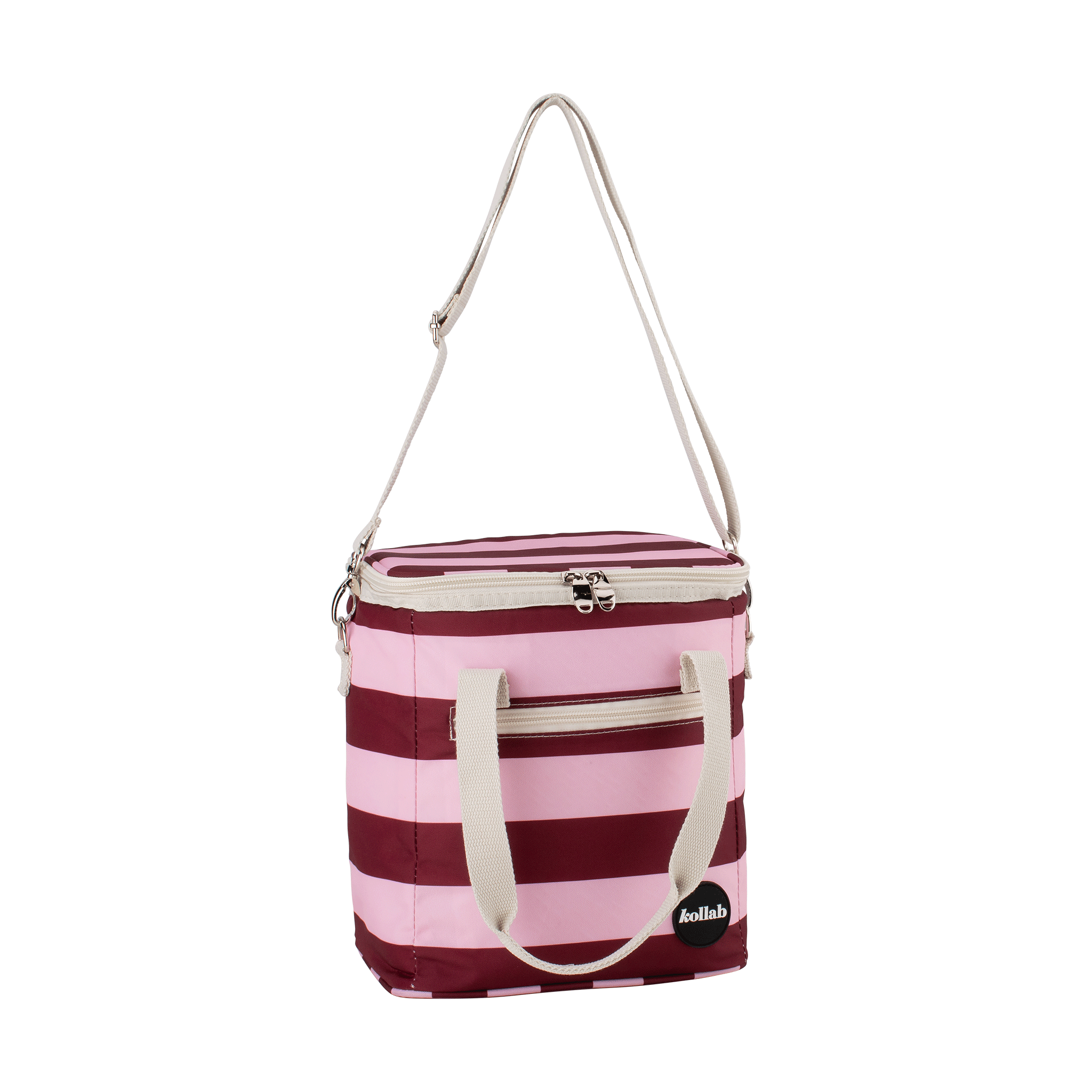 Kollab Mini Cooler in Coco Stripe with colorful striped pattern, compact design, ideal for keeping drinks cool on the go.