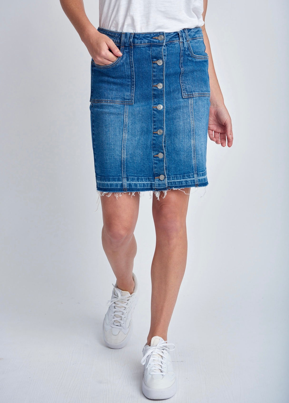 Denim knee Length Button up Skirt  - light blue